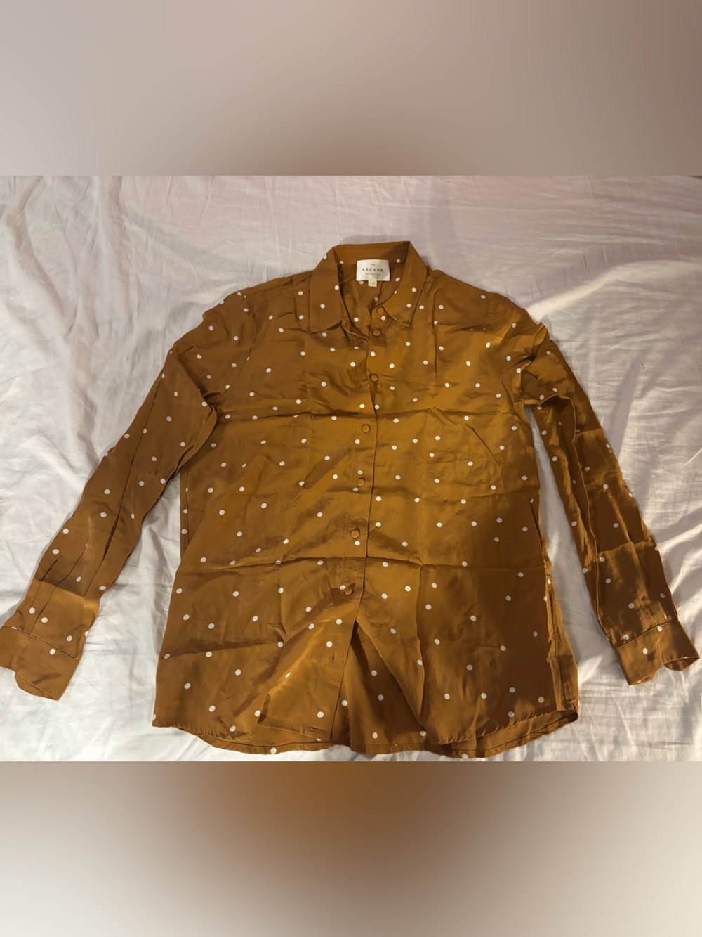 Sezane Mustard Polka Dot Silk Button-Up Blouse